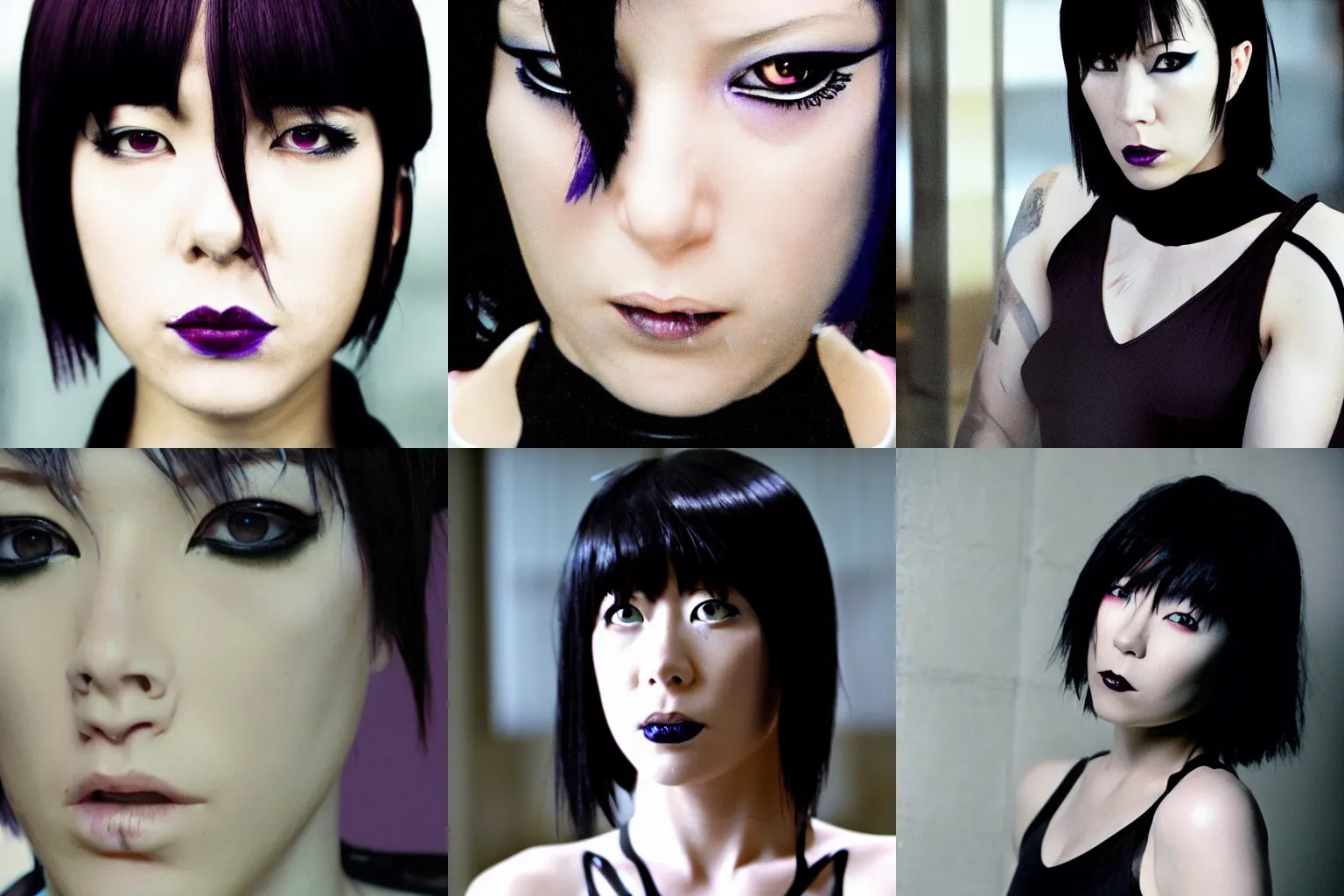 Prompt: motoko kusanagi wearing goth makeup, wearing goth fashion, in primer directed by shane carruth, movie still