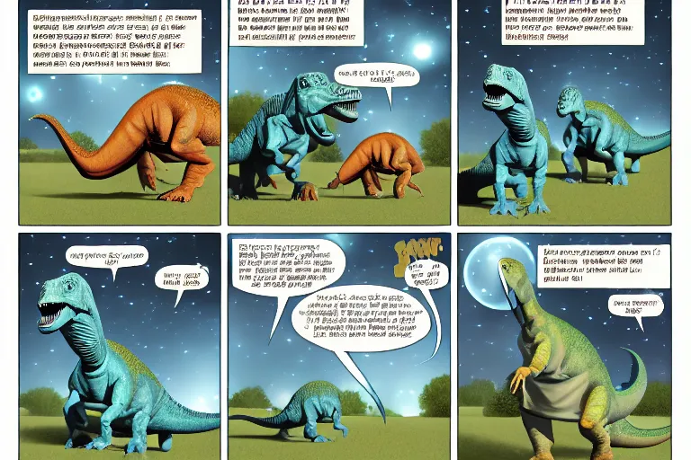 Image similar to a comic page with two dinosaurs speaking about asteroids