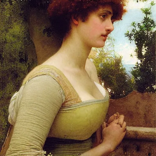 Prompt: a renaissance oil painting by alma tadema of a woman turned back on a stone balcony covered in moss with over shoulder view on a jungle, colourful pastel, detailed academic bouguereau, sharp focus