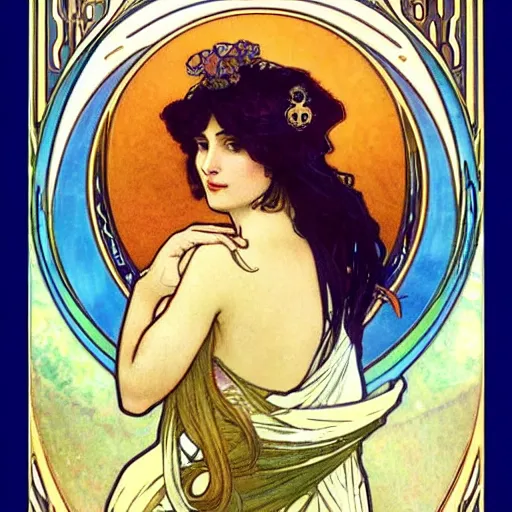 Image similar to akwafina portrait by louis - theophile hingre and alphonse mucha, realistic, sharp focus, zodiac signs, tarot cards, planets, ethereal, art nouveau, magic, moon, sun, crown, dreamy, royal, jewellery