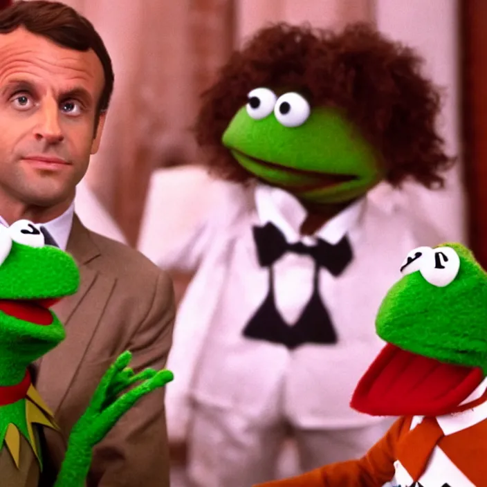 Image similar to movie still of Emmanuel Macron taking cocaine with Kermit in the muppet show, grainy picture cinemastill 800t 70s movie 18mm