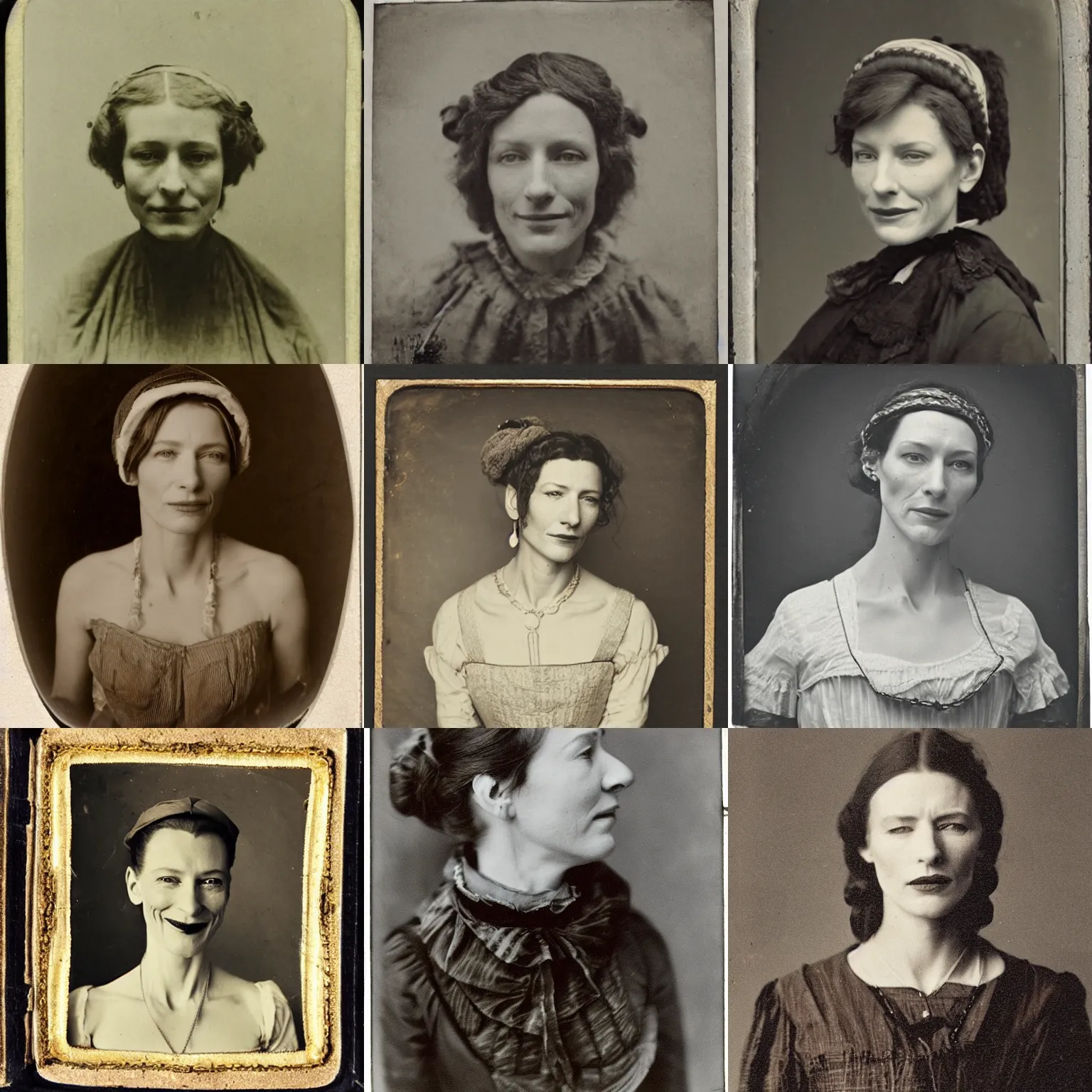 Prompt: mid 1 9 th century, thirtysomethins years old, mischievous!!, smirking cate blanchett with termed kyphosis as an austro - hungarian woman ( with wart, messy bun, brown hair, huge black headgear ), daguerreotype by emil rabending