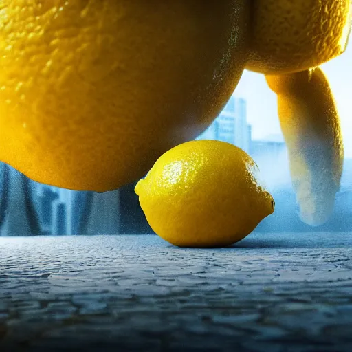 Image similar to gigantic lemon monster invading detroit, dslr, 8 k, octane beautifully detailed render, cold mood, cinematic lighting, detailed photo, masterpiece, volumetric lighting, ultra realistic, highly detailed, high quality, lossless, photorealistic