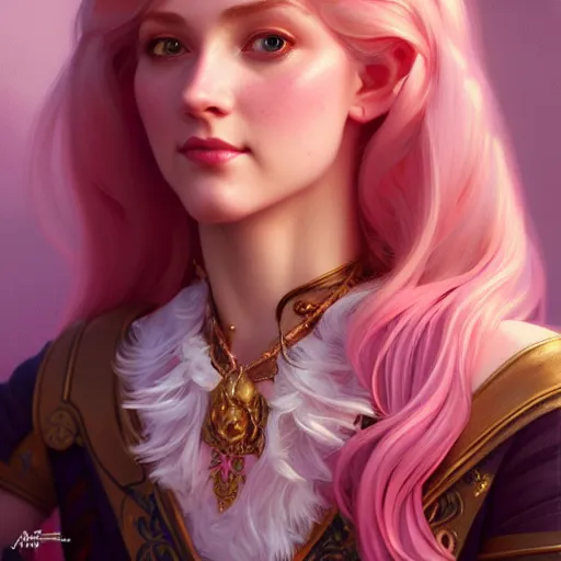 Image similar to aristocrat, subtle smile, female, d & d, fantasy, intricate, elegant, highly detailed, long pink hair, digital painting, artstation, octane render, concept art, matte, sharp focus, illustration, hearthstone, art by artgerm, alphonse mucha johannes voss