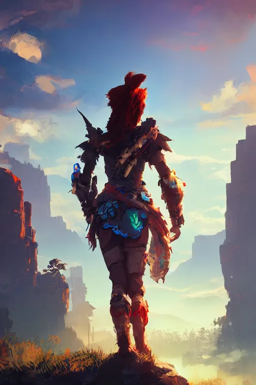 Image similar to combination suit armor aloy horizon forbidden west horizon zero dawn radiating a glowing aura global illumination ray tracing hdr fanart arstation by ian pesty and alena aenami artworks in 4 k tribal robot ninja mask helmet backpack