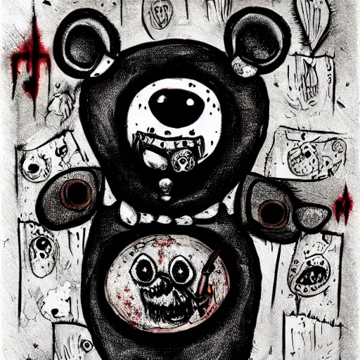 Image similar to dark art cartoon grunge drawing of a teddy bear with bloody eyes by - loony toons style, horror theme, detailed, elegant, intricate