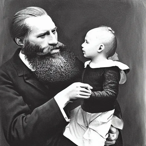 Image similar to laszlo moholy painting of beard grandpa taking a photo to a baby girl