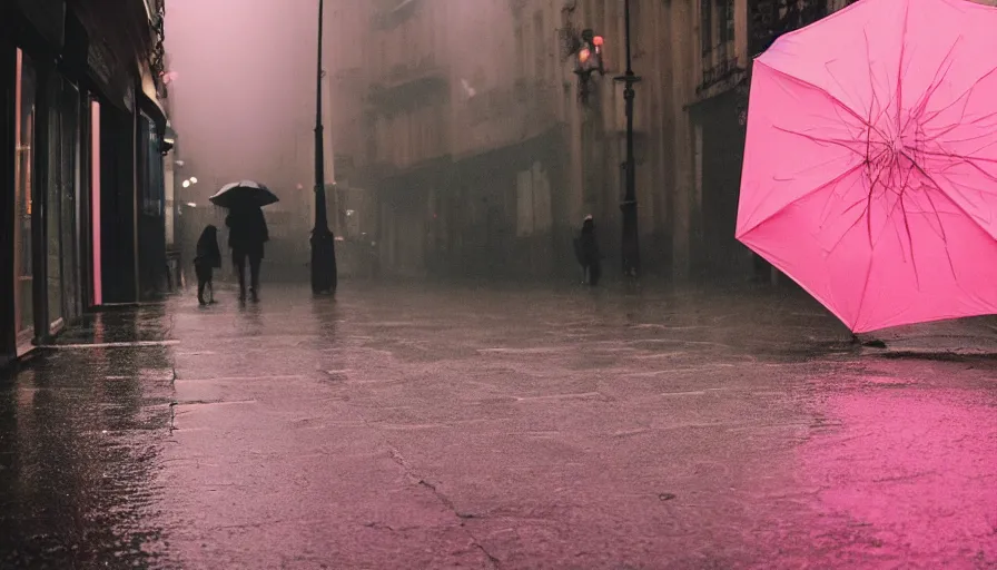 Prompt: street of paris photography, night, rain, mist, a pink umbrella on the floor, cinestill 8 0 0 t, in the style of william eggleston