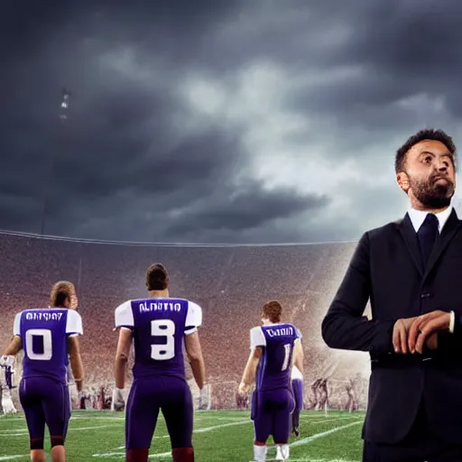 Prompt: A stoic football manager directing his team on the sideline of a giant gothic stadium, apocalyptic sky