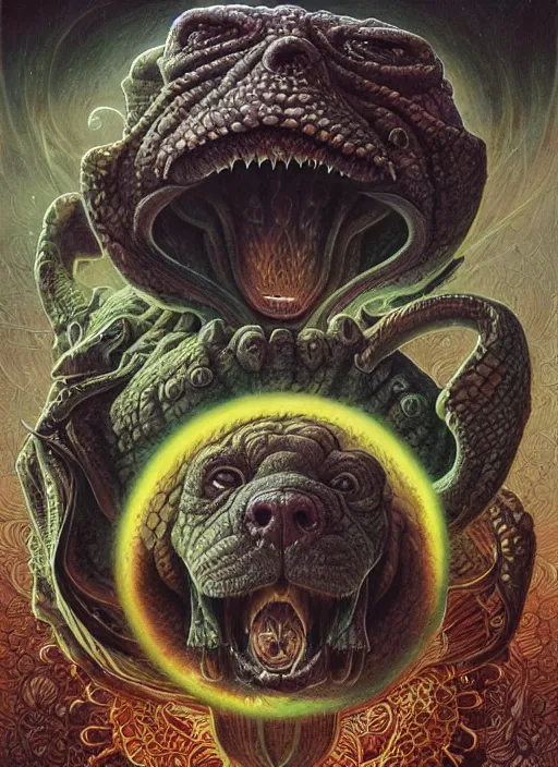 Prompt: basset hound glowing reptile eyes, shamanic poster lsd art, intricate, elegant, highly detailed, centered, digital painting, artstation, concept art, smooth, sharp focus, illustration, artgerm, tomasz alen kopera, peter mohrbacher, donato giancola, joseph christian leyendecker, wlop, frank frazetta