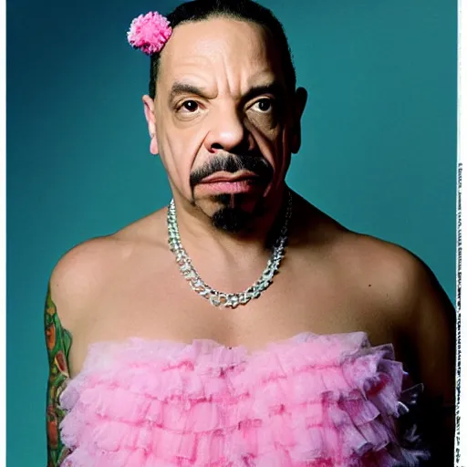 Prompt: ice t wearing a frilly pink wedding dress, glamour shot