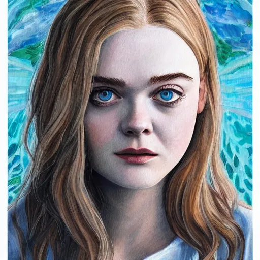 Prompt: professional painting of Elle Fanning in the style of Jeffrey Smith, head and shoulders portrait, symmetrical facial features, smooth, sharp focus, illustration, intricate, stormy weather, extremely detailed masterpiece,