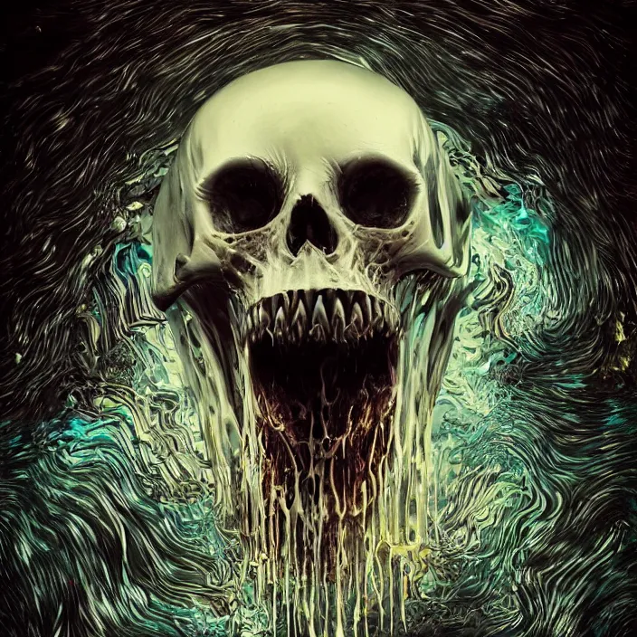 Image similar to portrait of a melting dripping skull. razor sharp teeth. burning water distortions. intricate abstract. intricate artwork. by Tooth Wu, wlop, beeple, dan mumford. octane render, trending on artstation, greg rutkowski very coherent symmetrical artwork. cinematic, hyper realism, high detail, octane render, 8k, depth of field, bokeh. iridescent accents