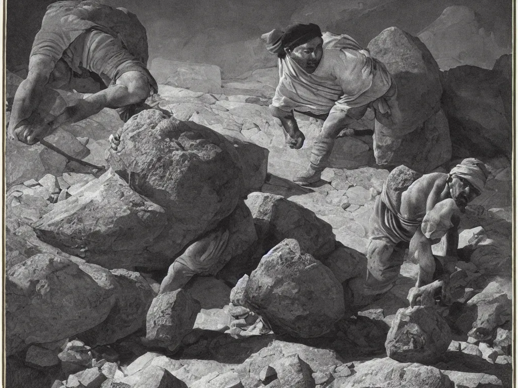 Prompt: Worker of the gold mines pushing a boulder. Night. Painting by Georges de la Tour, Sebastiao Salgado