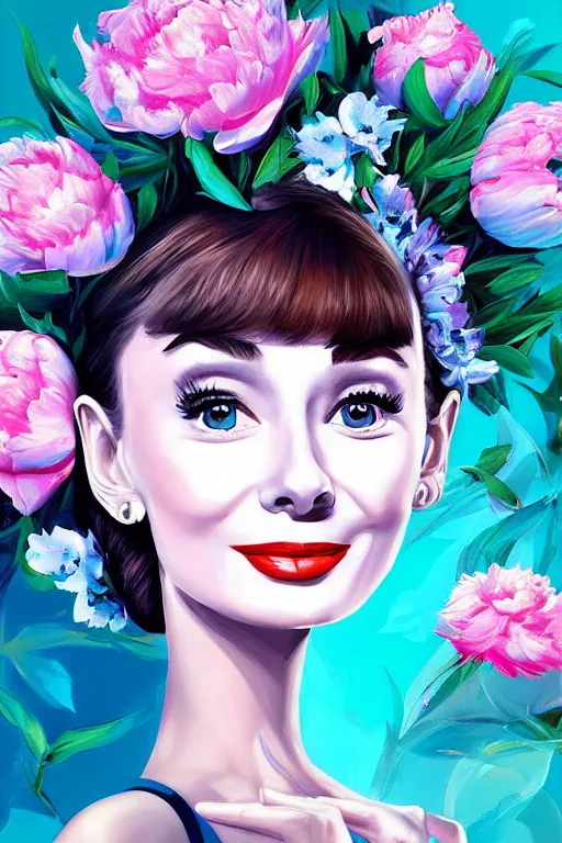 Image similar to beautiful digital painting audrey hepburn and blue peonies, by Georgia O'Keeffe, Carmelo Blandino, Cyril Rolando, artstation, Behance, 4K,