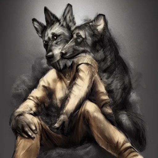 Image similar to two humanoid german shepherds beast - men, sitting on a couch and hugging together, artstation, concept art, smooth, sharp foccus ilustration, artstation