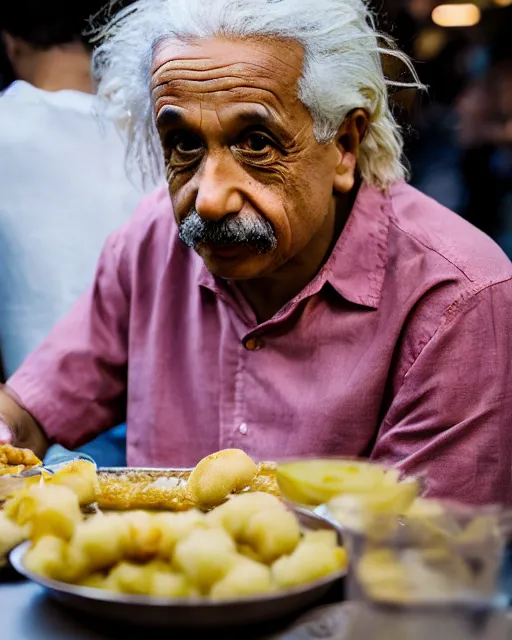 Prompt: A photo of Albert Einstein eating panipuri, highly detailed, trending on artstation, bokeh, 90mm, f/1.4