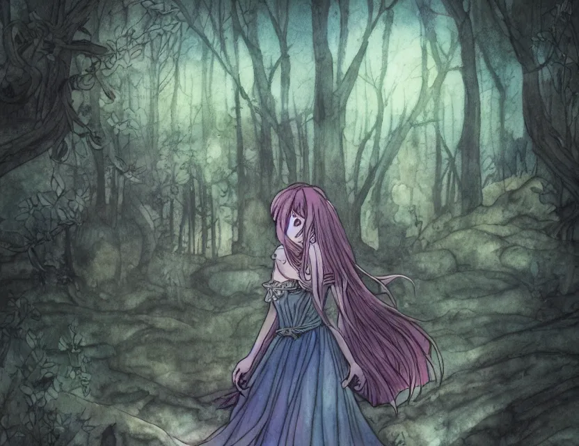 Prompt: princess of dusk at the labradorite forest. color ink wash by award - winning mangaka, chiaroscuro, bokeh, backlighting, intricate details