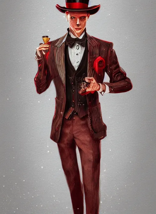 Image similar to a highly detailed illustration of stylish top hat wearing red haired attractive man, wearing suit vest, flashy card trick pose, intricate, elegant, highly detailed, centered, digital painting, artstation, concept art, smooth, sharp focus, league of legends concept art, WLOP