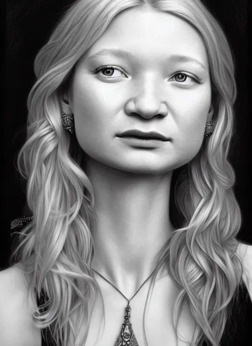 Prompt: a pencil drawing portrait of mia wasikowska with blonde hair, in a dress, jewelry, greek, intricate, headshot, highly detailed, drawn with pencil, black and white, artstation, concept art, sharp focus, cinematic lighting, illustration, art by artgerm and greg rutkowski, alphonse mucha, cgsociety