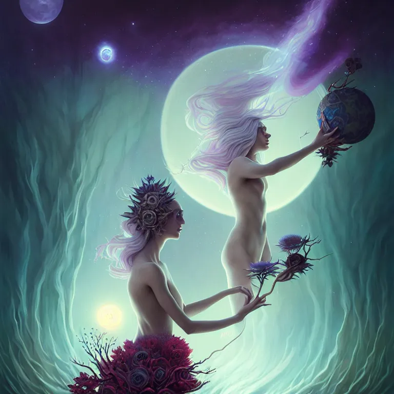 Image similar to skewed in the void of psychedelic, by by peter rohrabacher annatto finnstark. stunning luna goddess of flowers and edible plants, by charlie bowater tom bagshaw, detailed, space art. sparkling atom fractules of skulls and robots deep under the spine, fantasy, surrealist pop painting, and beeple and cgsociety