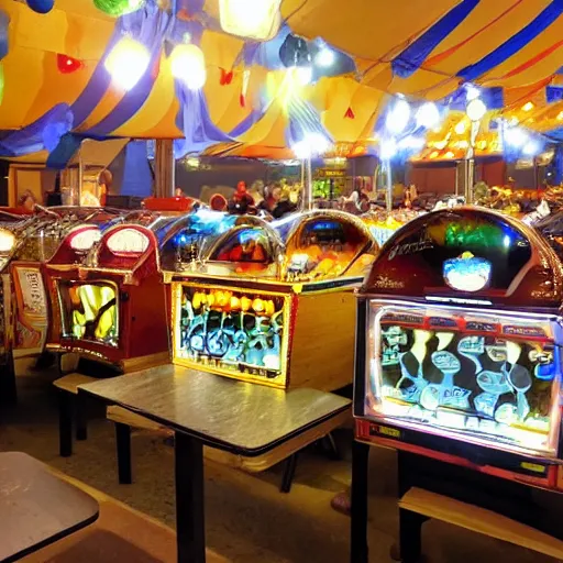 Image similar to restaurant festival in a small town, in the style of python anghelo, the comet, cyclone, pinball machine