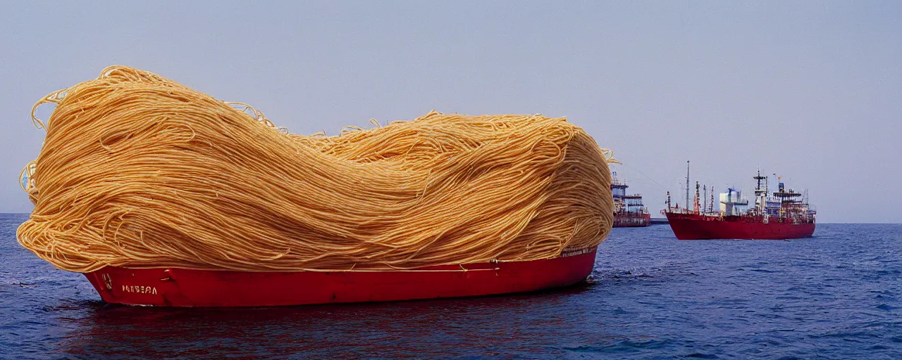 Prompt: a ship carrying a load of spaghetti across the ocean, national geographic, detailed, canon 2 0 mm, wes anderson, kodachrome