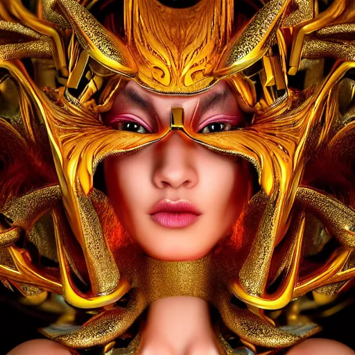 Image similar to Fiery, imposing stunning maximalist mesmerizing girl from the rainbow sky paradise, high-tech, professional high fashion model photo shoot for Klingon fashion, hyperdetailed by Mark Ryden and artgerm and Hiroyuki-Mitsume Takahashi, close-up 35mm macro shot, hyperrealism, 8k resolution 3D, cinematic, dynamic lighting, octane render, unreal engine 5