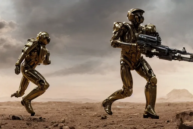 Prompt: vfx movie, sci - fi super soldier in worn military futuristic armor, gold visor, leaping with futuristic rifle in alien technology temple, by emmanuel lubezki