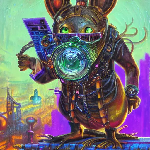 Image similar to steampunk rat, acid, 303, psychedelic, by paul lehr