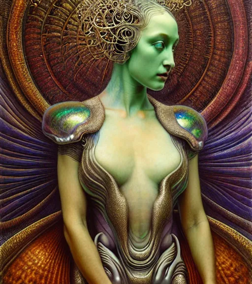 Prompt: detailed realistic iridescent beautiful young cher alien robot as queen of mandelbulb portrait by jean delville, gustave dore and marco mazzoni, art nouveau, symbolist, visionary, baroque. horizontal symmetry by zdzisław beksinski, iris van herpen, raymond swanland and alphonse mucha. highly detailed, hyper - real, beautiful