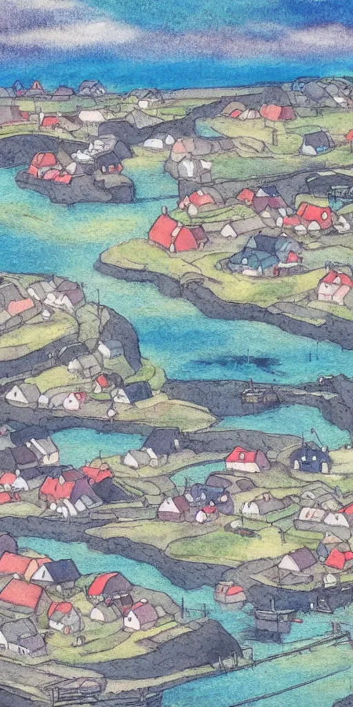 Image similar to a beautiful painting of a icelandic fishing village, storm clouds gathering over the town, by studio ghibli 8 k pastel colours, isometric drone shot smeared watercolours, golden light film grain