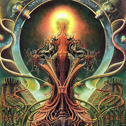 Image similar to divine chaos engine by roger dean, ernst haeckel, and andrew ferez, symbolist, visionary