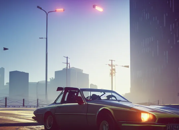 Image similar to gta in moscow, playstation 5 screenshot, symmerical, mega details, golden hour, fog, beautiful rtx reflections, brutalism buildings, photorealistic, unreal engine 5, octane render, volumetric light, cg society, 4 k, bokeh, lada car, artstation