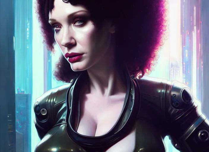 Image similar to portrait shot of a christina hendricks wearing cyberpunk clothing in cyberpunk 2 0 7 7, intricate, elegant, highly detailed, centered, digital painting, artstation, concept art, smooth, sharp focus, illustration, artgerm, tomasz alen kopera, peter mohrbacher, donato giancola, joseph christian leyendecker, wlop, boris vallejo