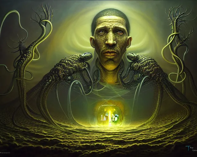 Image similar to lovecraft biopunk portrait of drake and bill gates, fractal background, by tomasz alen kopera and peter mohrbacher