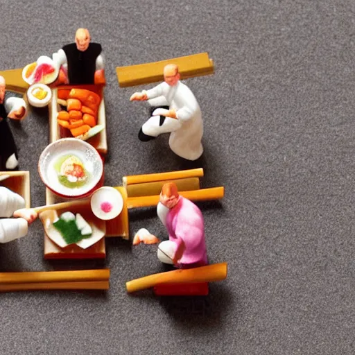 Image similar to detailed miniature people making sushi, tilt shift