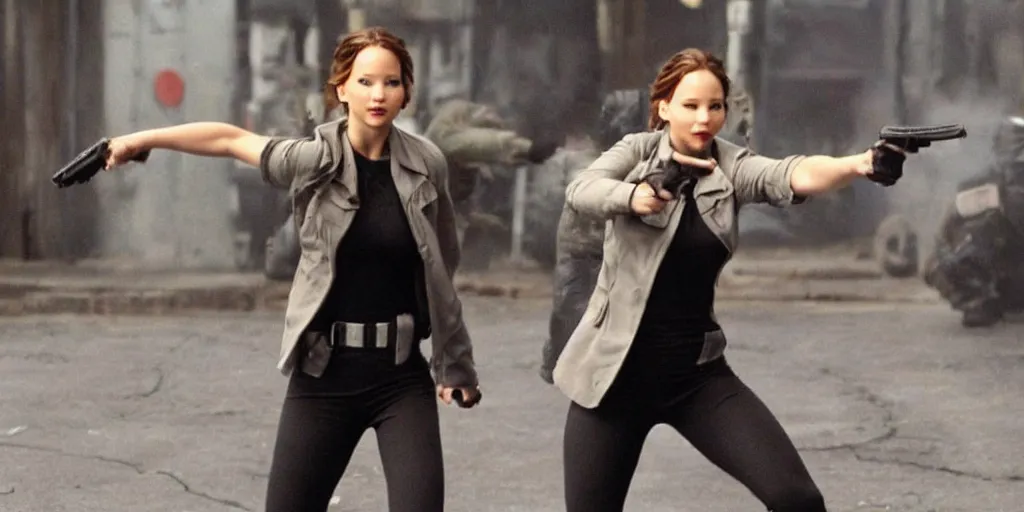 Prompt: Jennifer Lawrence fighting agents in matrix