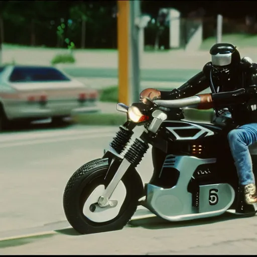 Image similar to Film still of 'Robot Future 2050' (1990). Motorcycle chase scene. Sigma 85mm f/1.4