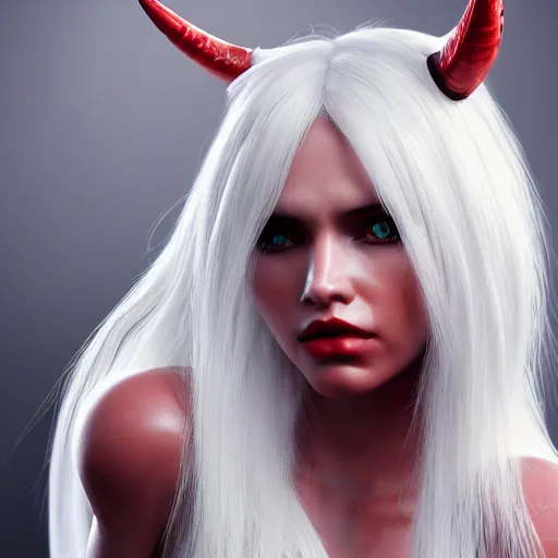 Image similar to a highly detailed portrait of a humanoid demon girl with white hair, red horns, in white clothes, artstation, deviantart, professional, unreal engine 5, photorealistic