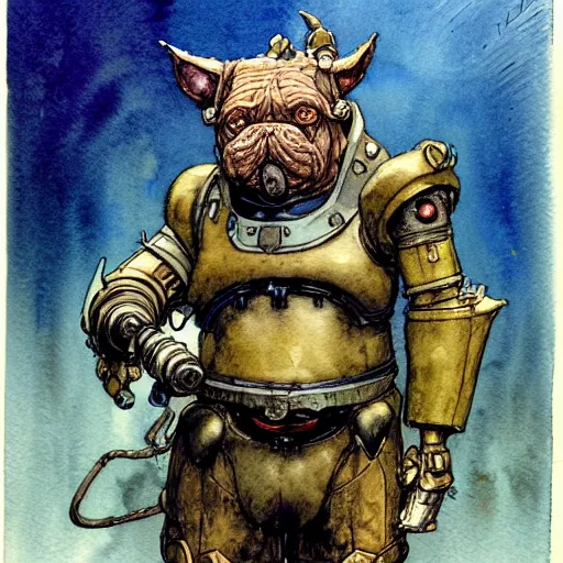 Image similar to a simple and atmospheric watercolour fantasy character concept art portrait of a mechanized android bulldog as a druidic warrior wizard looking at the camera with an intelligent gaze, very muted colors, by rebecca guay, michael kaluta, charles vess and jean moebius giraud