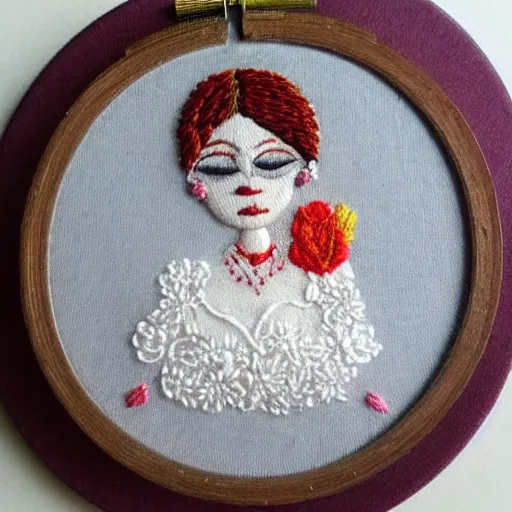 Prompt: a tiny beautiful handmade embroidery of a bride. hand embroidery.