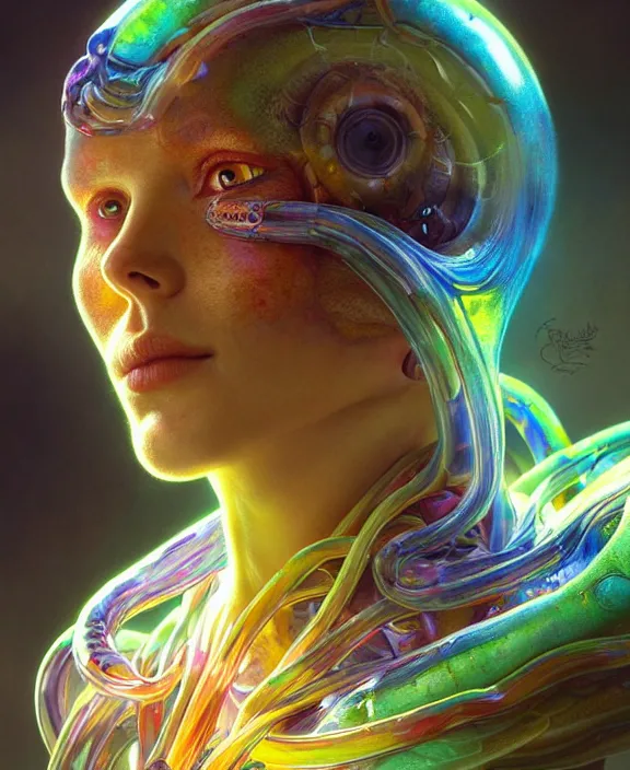 Image similar to intricate colorful transparent portrait of a disturbing beautiful alien snake creature, mottling coloring, adorable, childlike, medical equipment hospital environment, ultra realistic, concept art, art nouveau, photorealistic, octane render, 8 k, unreal engine. art by christopher marley and artgerm and greg rutkowski and alphonse mucha