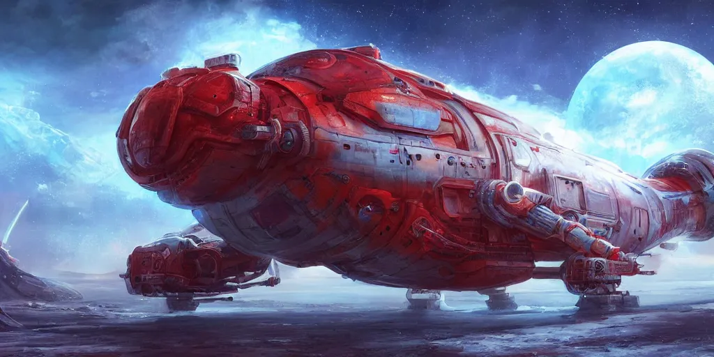 Image similar to legendary space ship, ice fish shape, desert planet, alien technology, cinematic, highly detailed, large blue engines, scifi, hyper realism, intricate digital painting, red glow, gigantic landing pad, scifi base, artstation, by johnson ting, jama jurabaev