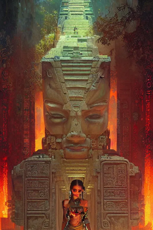 Prompt: cyberpunk mayan ancient chicheni tza , fantasy, painting by greg rutkowski and alphonse mucha