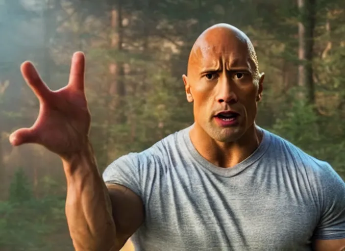 Image similar to film still of dwayne the rock johnson as eleven using psychic powers in the new stranger things movie, 4 k, highly detailed face, detailed eyes