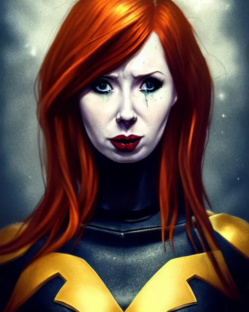 Image similar to Karen Gillan Batgirl, redhead, full body Batgirl ripped costume with cape, no mask, bruised and bloody face, symmetrical face symmetrical eyes, fight pose, dark alleyway, illustration, artstation, cinematic lighting, hyperdetailed, cgsociety, 8k, high resolution, Charlie Bowater, Tom Bagshaw, Norman Rockwell, insanely detailed and intricate