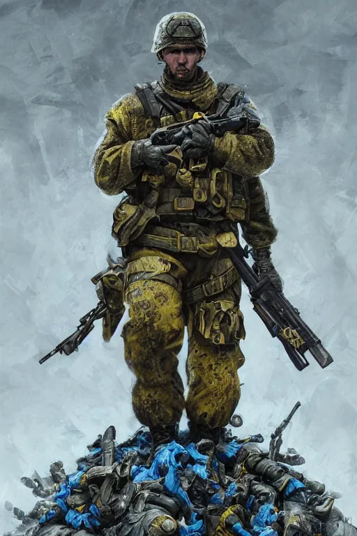 Image similar to a distant shot of a Ukrainian Call of Duty soldier with blue and yellow uniform standing alone on a pile of skulls as a winner, masculine figure, D&D, fantasy, intricate, elegant, highly detailed, extremely detailed, digital painting, artstation, concept art, matte, sharp focus, symmetrical, illustration, art by Artgerm and Greg Rutkowski and Alphonse Mucha