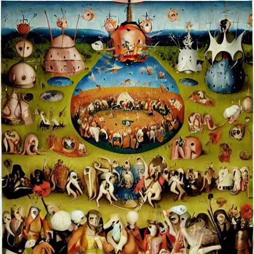 Image similar to muppets in the garden of earthly delights, painting by hieronymus bosch