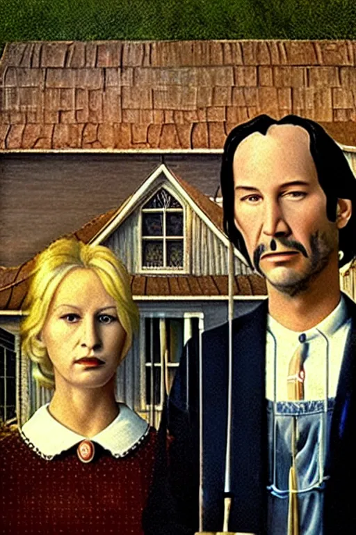 Image similar to painting of Keanu Reeves and Dolly Parton as the couple in American Gothic in the style of Grant Wood